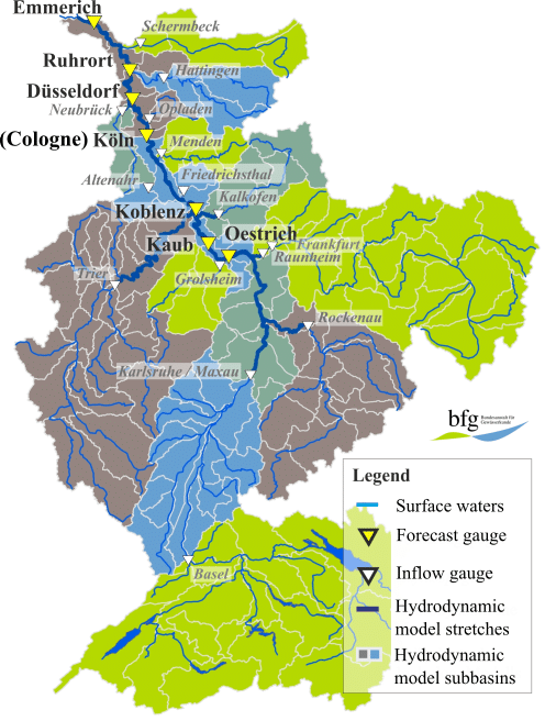 Figure 1. Catchment area of the Rhine up to gauge Emmerich, at the border with the Netherlands, linking the hydrological and hydrodynamic model components of the traffic-related prediction system of the Federal Institute of Hydrology (BfG) for the Rhine waterways. 